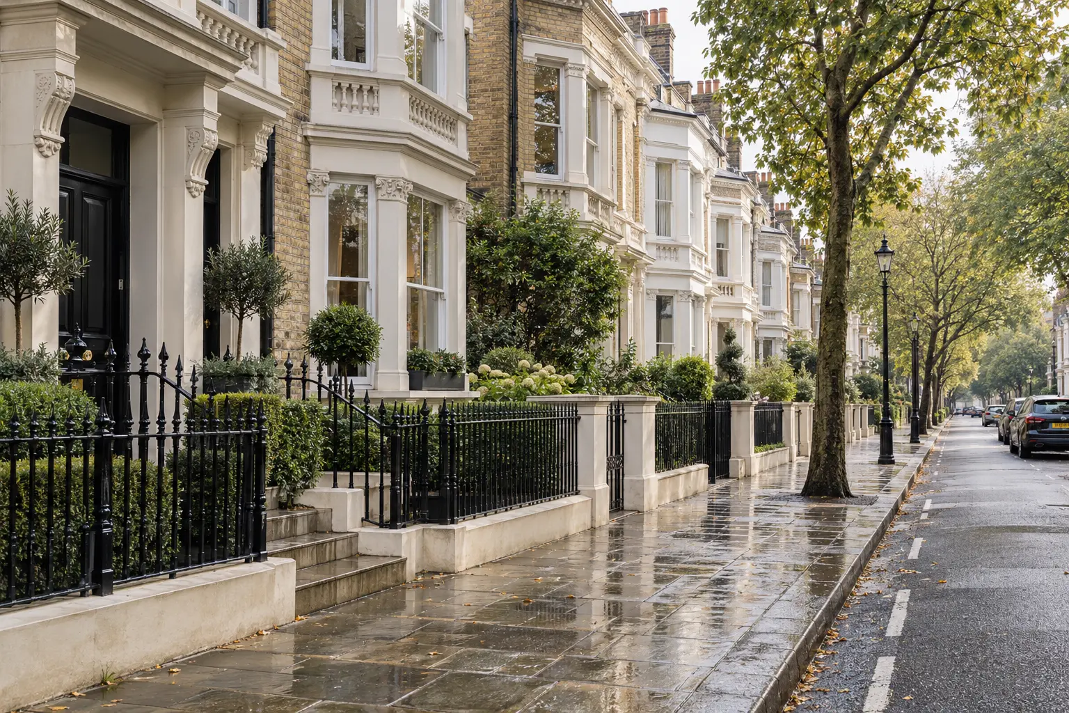 Traditional London townhouses on a tree-lined street after rain